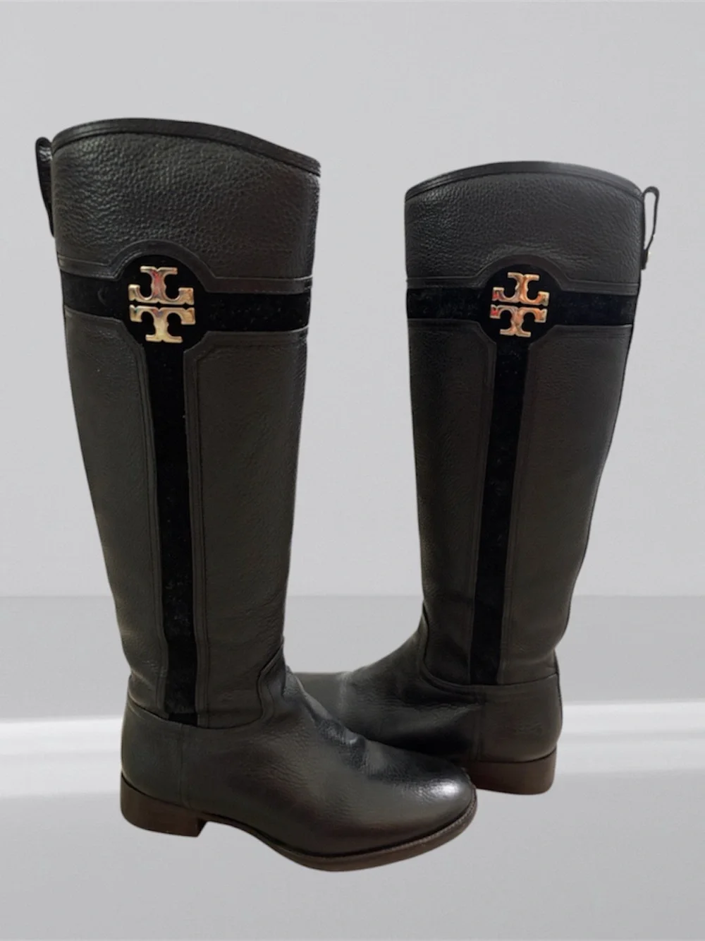 Tory Burch Black Leather Over-the-Knee Logo Boots